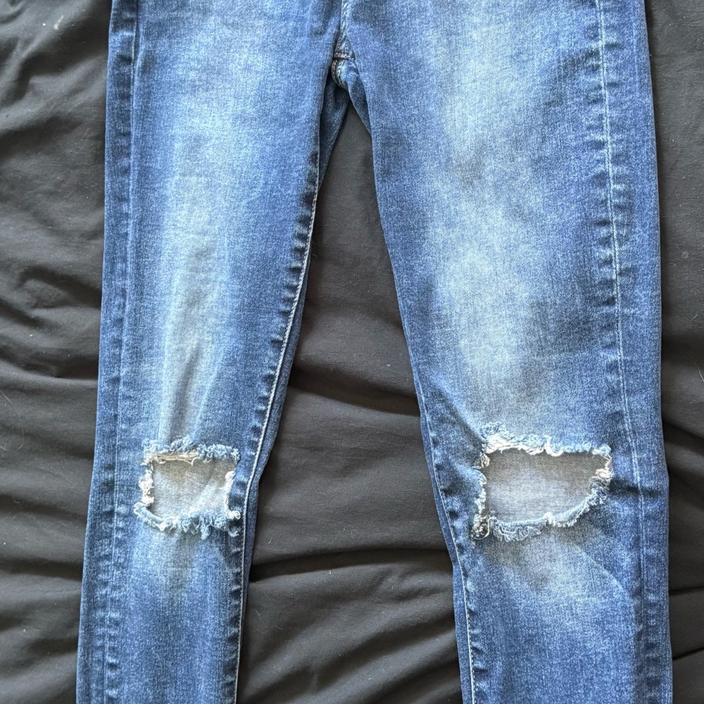 American Eagle Outfitters Blue Super High Rise Jeggings with Distressed Details